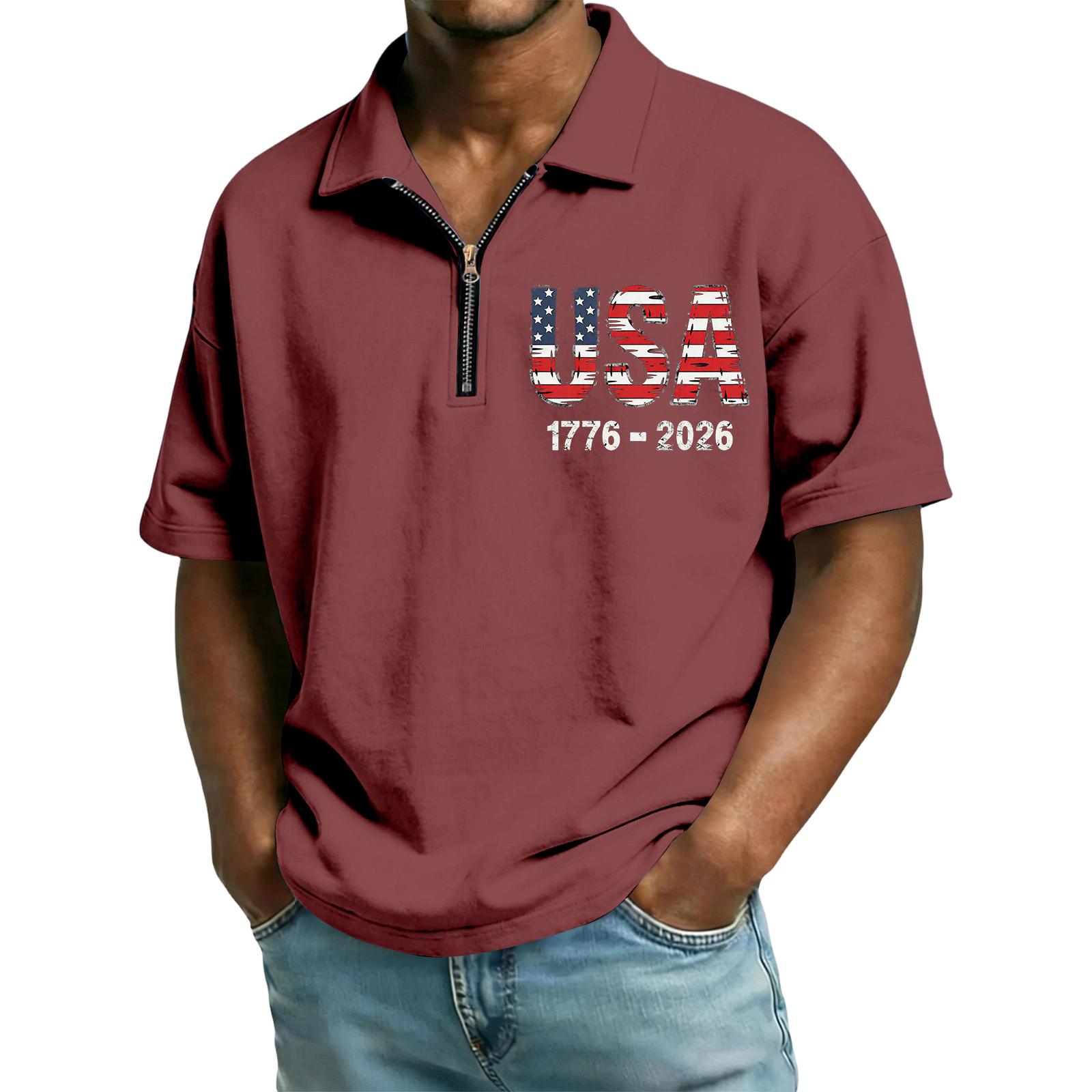 

Men’s Short Sleeve Polo Shirt with Zipper Collar USA Letter Print 1776-2026 Casual Lightweight Top for Everyday Wear L