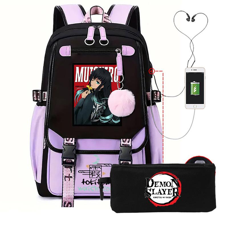 Casual Korean version schoolbag ghost extermination animation two-dimensional trend boys and girls USB backpack two-piece set