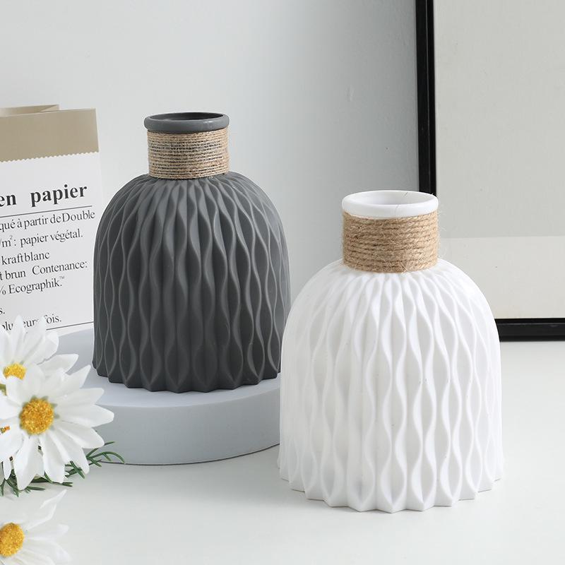 Nordic Water Wave Hemp Rope Plastic Flower Vase - Creative, Durable Living Room Decor