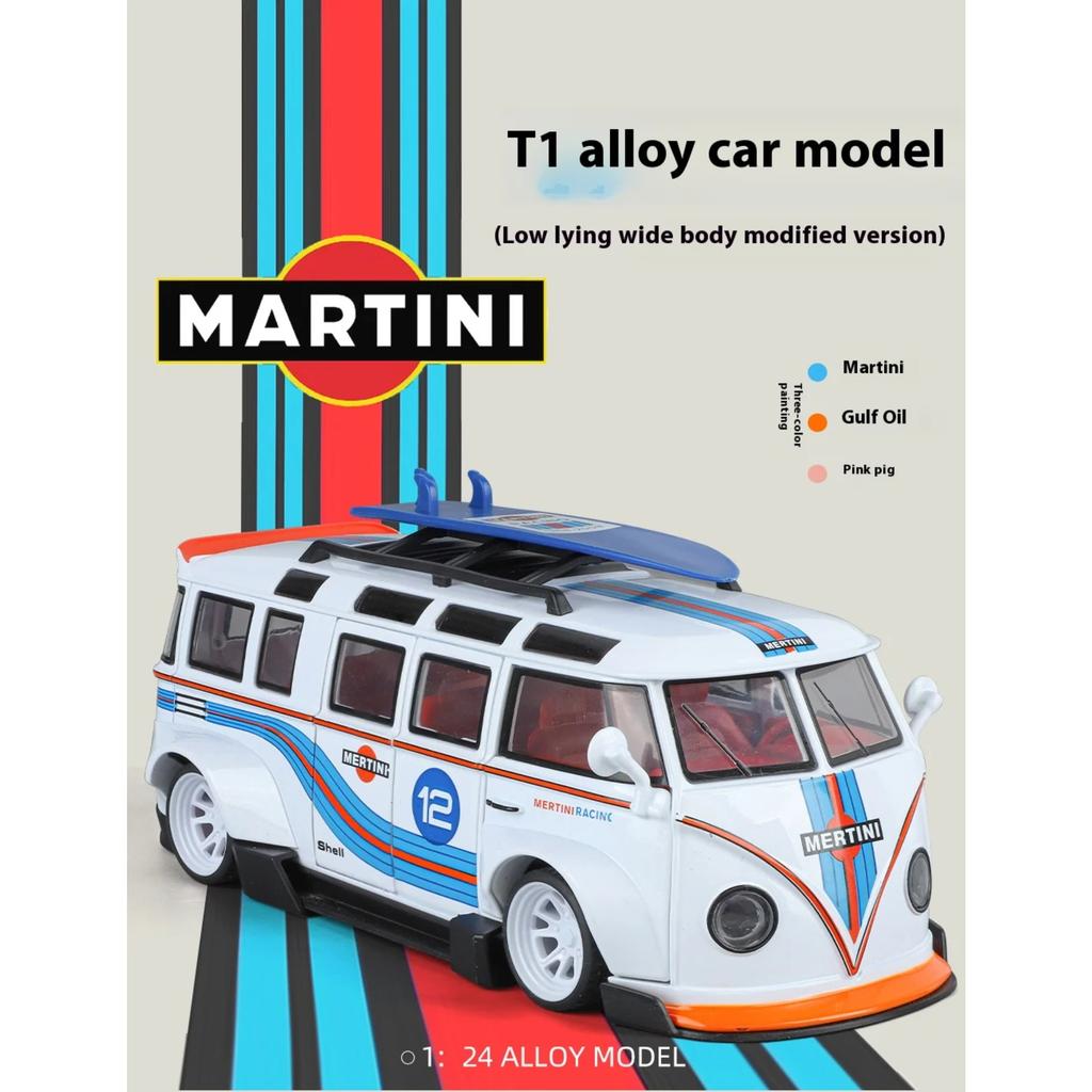 1/24 Volkswagen T1 Bus Gulf Oil Martini Low Ride Wide Body Modifiziert Legierung Metall Diecast Modellauto Sound & Licht Hobby Geschenke Junge