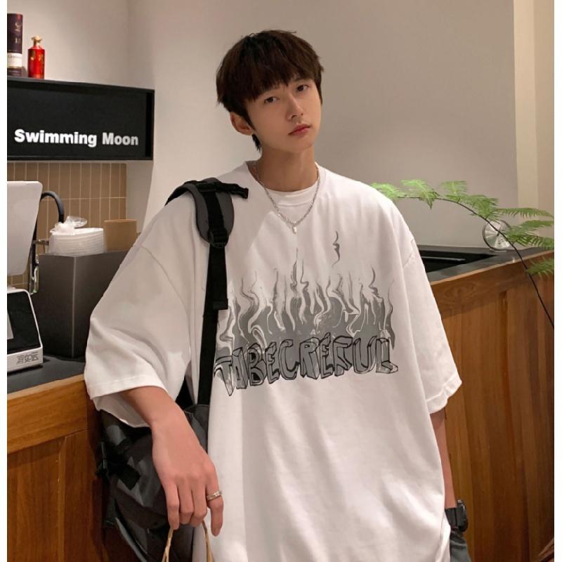 Men Short Sleeve T-Shirts Letter Graphic Print Half Sleeve Tshirts Pullover T-shirt Casual Tee Man Korean Casual Round Neck Retro Tops For