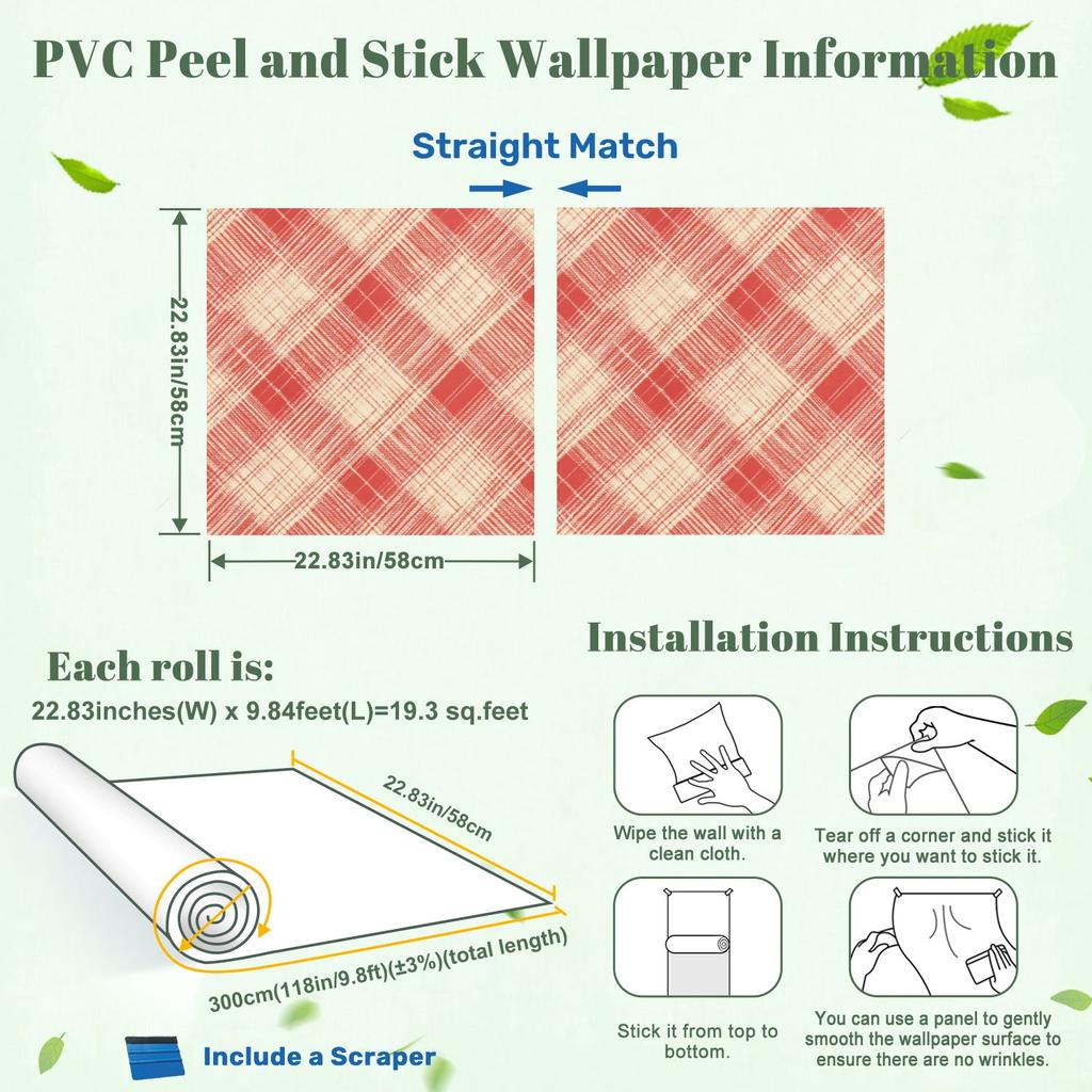 Red Beige Plaid Wallpaper 22.83"X118" Waterproof Wallpaper for Living Room/Bedroom/Bathroom PVC Wall Sticker