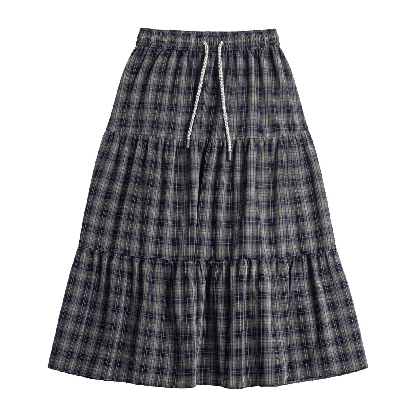 

Blue-Green Retro A-line Layered Pleated Plaid Skirt - Japanese Style, Long & Elastic, Women s Spring Fashion Large морская волна