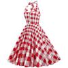 Women's sexy mid-length flared dress with a lapel collar, open front, checked pattern, halter neck and open back