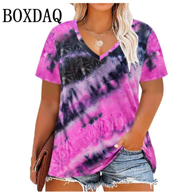 

Trendy Plus Size Women s Tie-Dye V-Neck T-Shirt Fashion Short Sleeve Loose Pullover Tops For Casual Summer Wear Large Size Tees 3XL