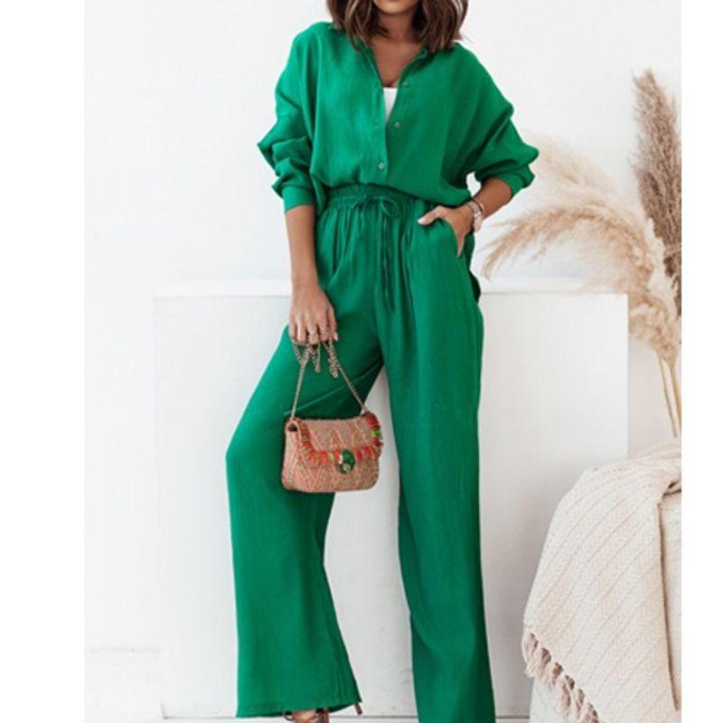 Stretch Polo Collar Single-Breasted Wide-Leg Long-Sleeve Shirt