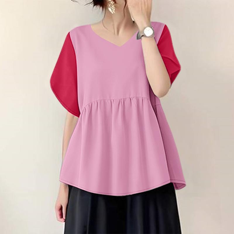 ZANZEA Women Casual V-Neck Patchwork Short Sleeve Loose Blouse
