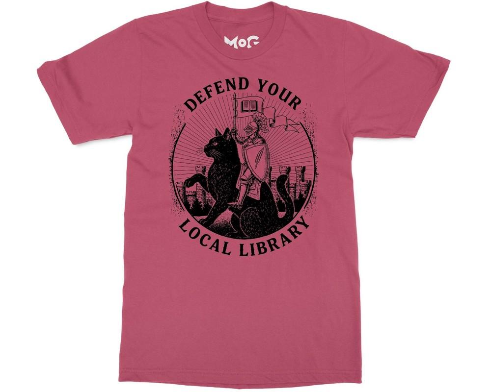 Funny Book Lover TShirt Defend Your Local Library Knight Cat Bookish Gift Shirt S