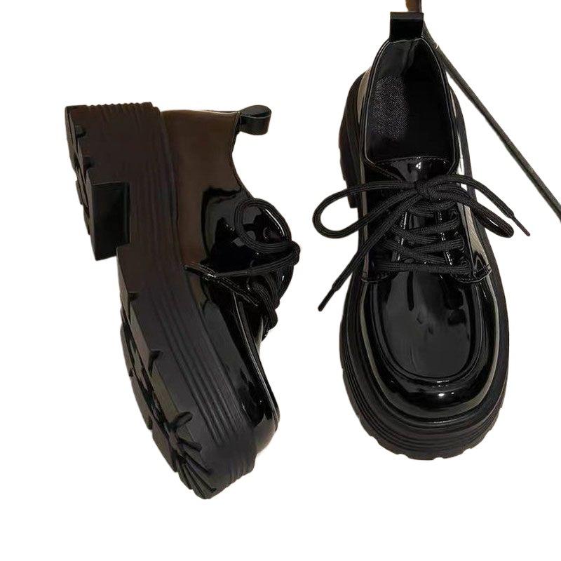 Black Platform Versatile Lace-up Small Leather Shoes for Women's 2025 Spring and Autumn New Retro British Style Japanese Single Shoes