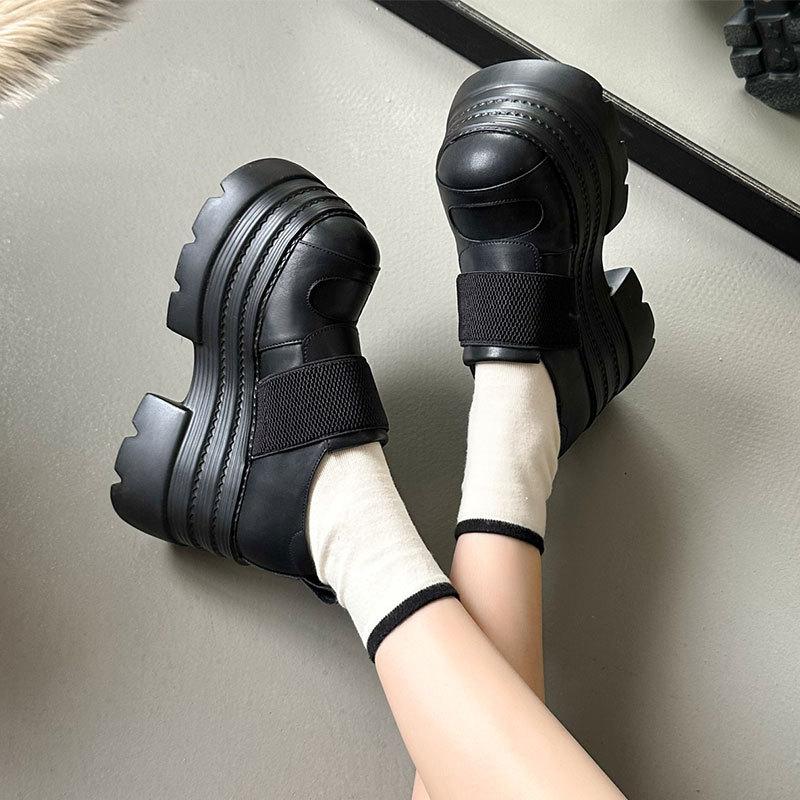 Women's Gothic Round-toe Platform Black Leather Casual Shoes, High Heels, Spring Trend, Fashionable Footwear.