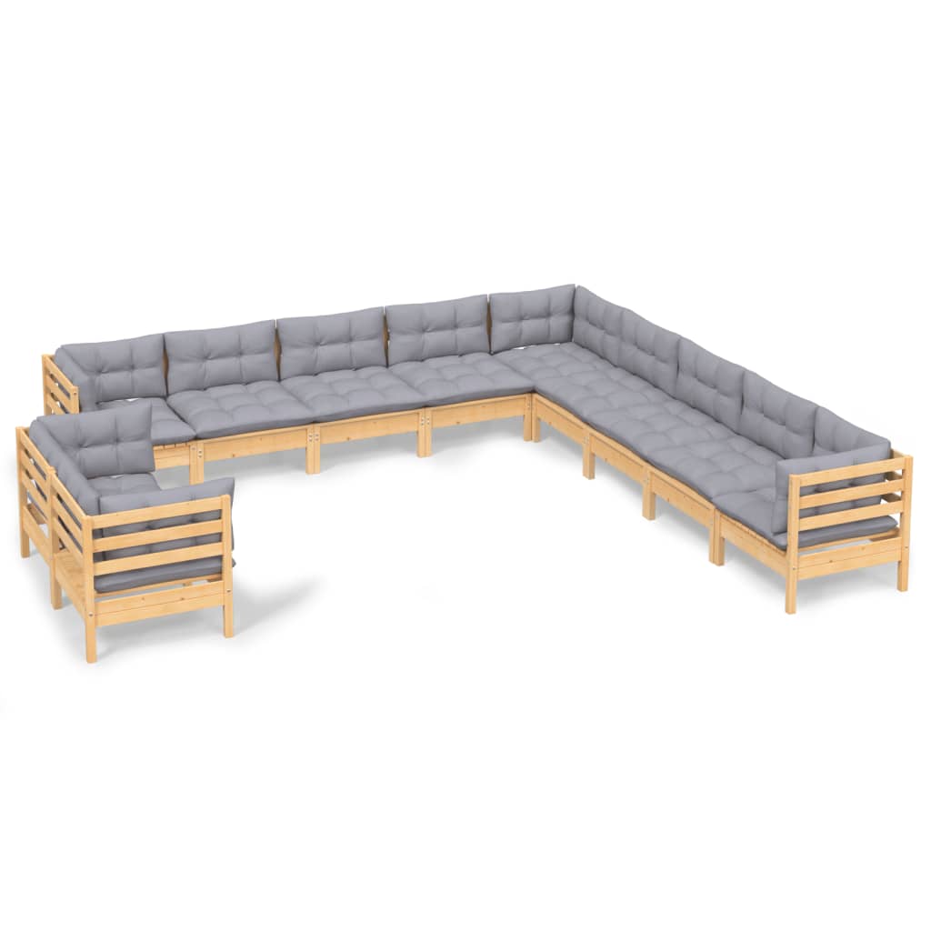 11 Piece Garden Lounge Set with Grey Cushions Solid Pine Wood