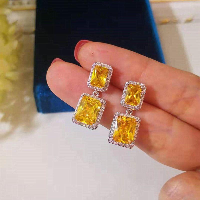 Fashion Ornament Jewelry Design Micro Inlaid Zircon Yellow Flower Tassel Water Drop Court Retro Heart Female Elegant Yellow Square 2.2*0.9cm