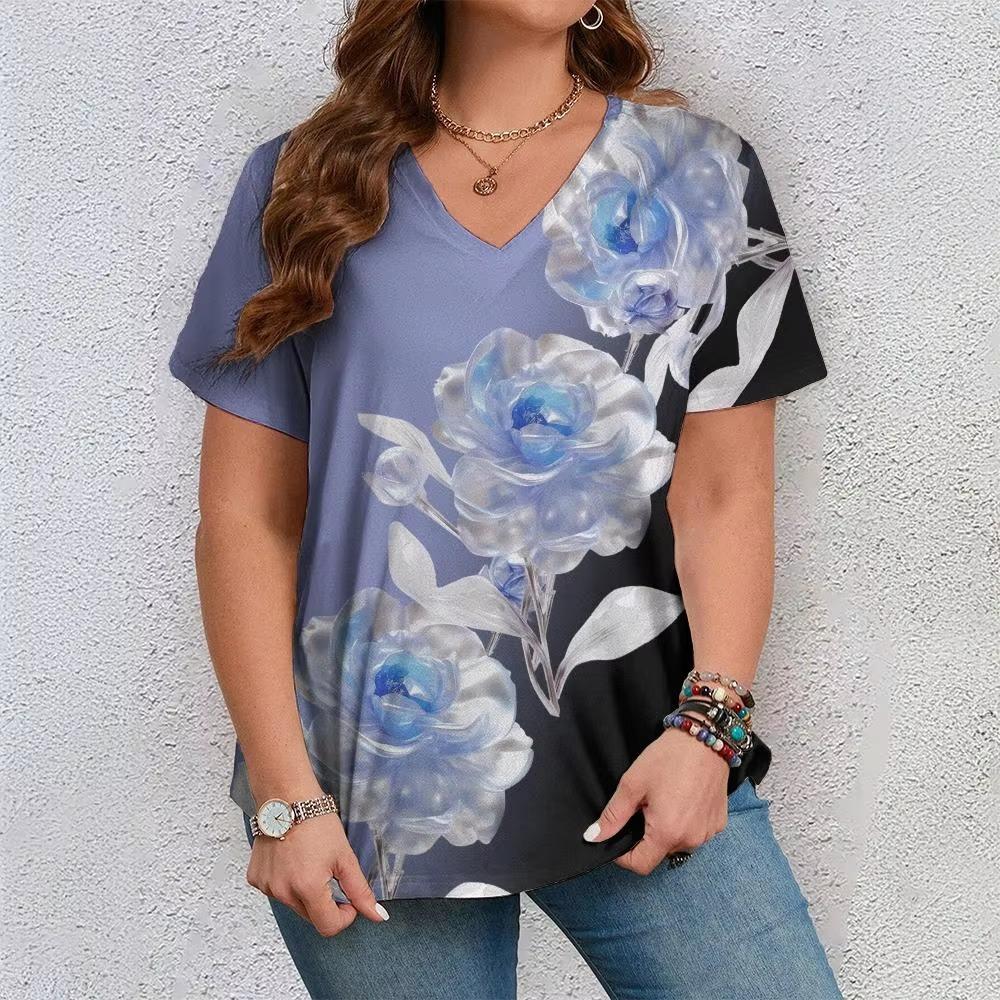 Fashionable Floral 3D Digital Printed Women's Casual and Comfortable V-neck Short Sleeved T-shirt