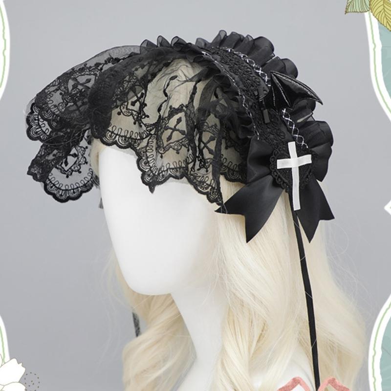 Girl Bowknot Headbands with Pleated Lace Halloween Photography Hair Hoop