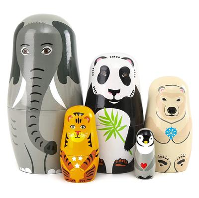 5pcs Beautiful Handmade Wooden Animal Nesting Dolls Elephant Panda Nesting Dolls Gift  Nesting Wishing Dolls Matryoshka Traditional