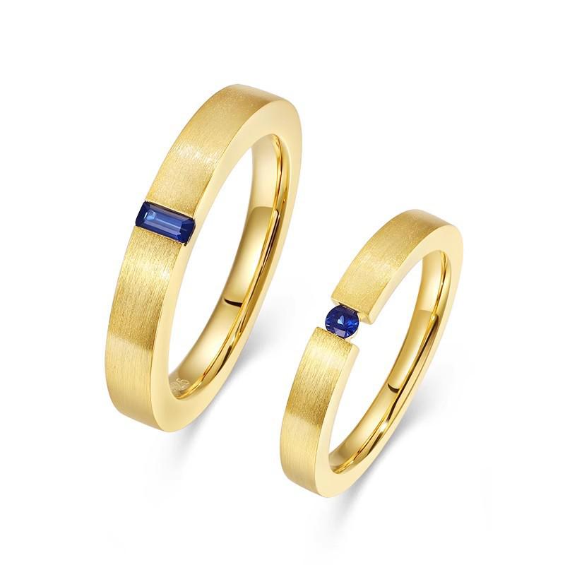 Santorini Blue Sapphire Gold-Plated Couple Rings: Handmade Italian Brushed Inlay Spinel Matching Set for Men and Women