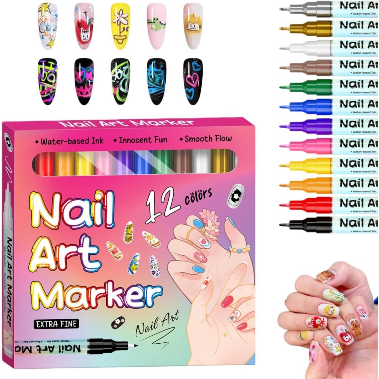 Водонепроницаемая ручка для нейл-арта - Набор ручек для нейл-арта из 12/24 цветов, Маркер для нейл-арта, Ручка-лайнер для рисования, росписи 0,5 мм для полировки, нанесения точек, рисования, DIY 12-Pack