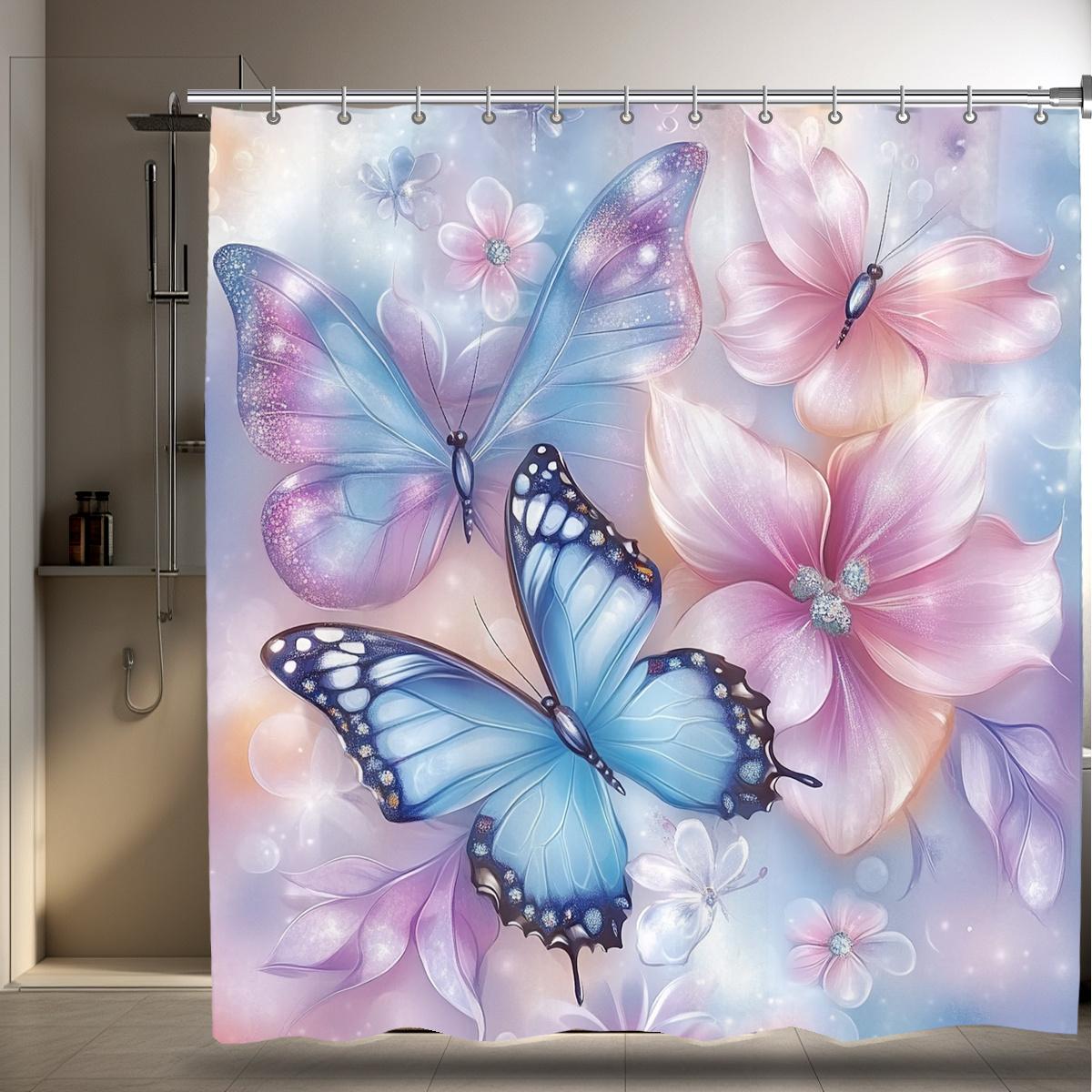 1 piece Fantasy Colorful Butterfly Floral Shower Curtain, Machine Washable, Vivid Blue Butterfly and Pink Flower Pattern 90X180cm