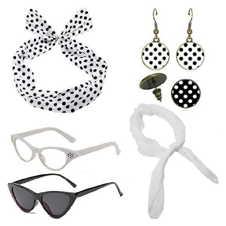 Woman Polkas Dot Earrings Scarf Headband Cats Eye Glasses 50's Costume Accessories Set for Party