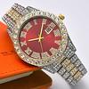 2 Pcs Watch+bracelet Hip Hop Stainless Steel Gold Color Calendar Watch For Men Iced Out Paved Rhinestones Men Watch Reloj Hombre
