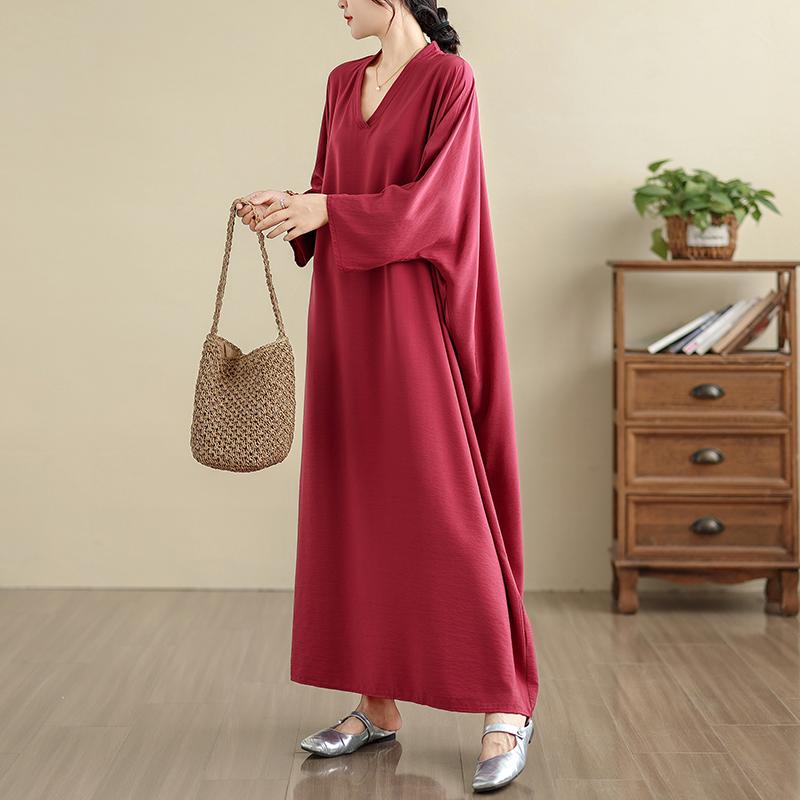 

DIMANAF 2025 Women Plus Size Spring Long Dress Loose V-Neck Printing Vintage Casual Floral 5052 One size красный