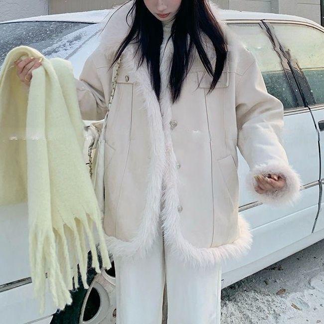 

Женское пальто большого размера в корейском стиле из овечьей шерсти - осенне-зимнее на флисовой подкладке 4XL (170-190) грязно-белый