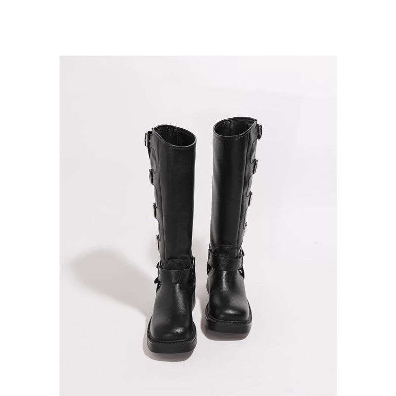 Maillard retro knee boots women's 2025 new gold belt buckle western cowboy knight boots