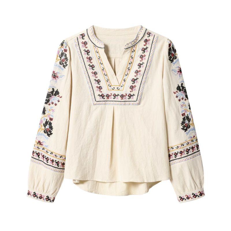Kaslead New Women Clothes Western Style Fashion Simple French Style V-neck Heavy Industry Embroidery Shirts