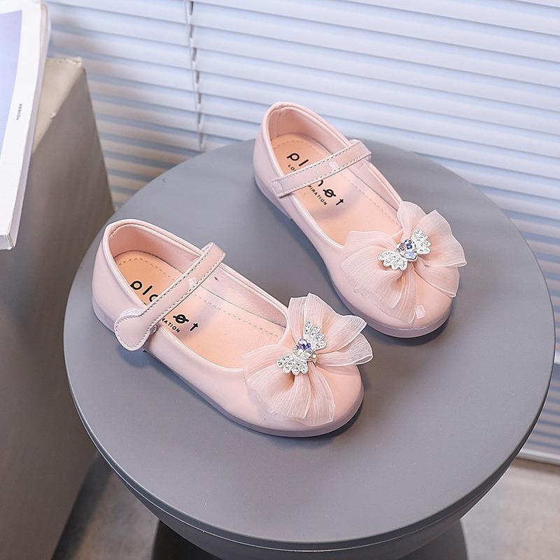 

New Spring/Autumn Girls Rhinestone Ribbon Bow Shoes – Solid Color, Versatile Lady Style, Soft-Sole Princess Flats 22 розовый