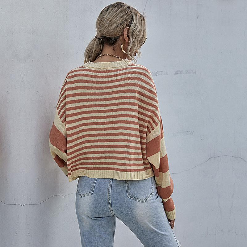 Vintage Fashion Elegant Casual Women's Striped Round Neck Loose Knit Short Sweater Women Inside Out