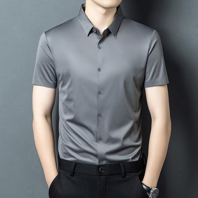 Men's Ice Silk Short Sleeve Lapel Shirt - Business Casual, Non-Iron, Elastic Fit for Middle-Aged Dads