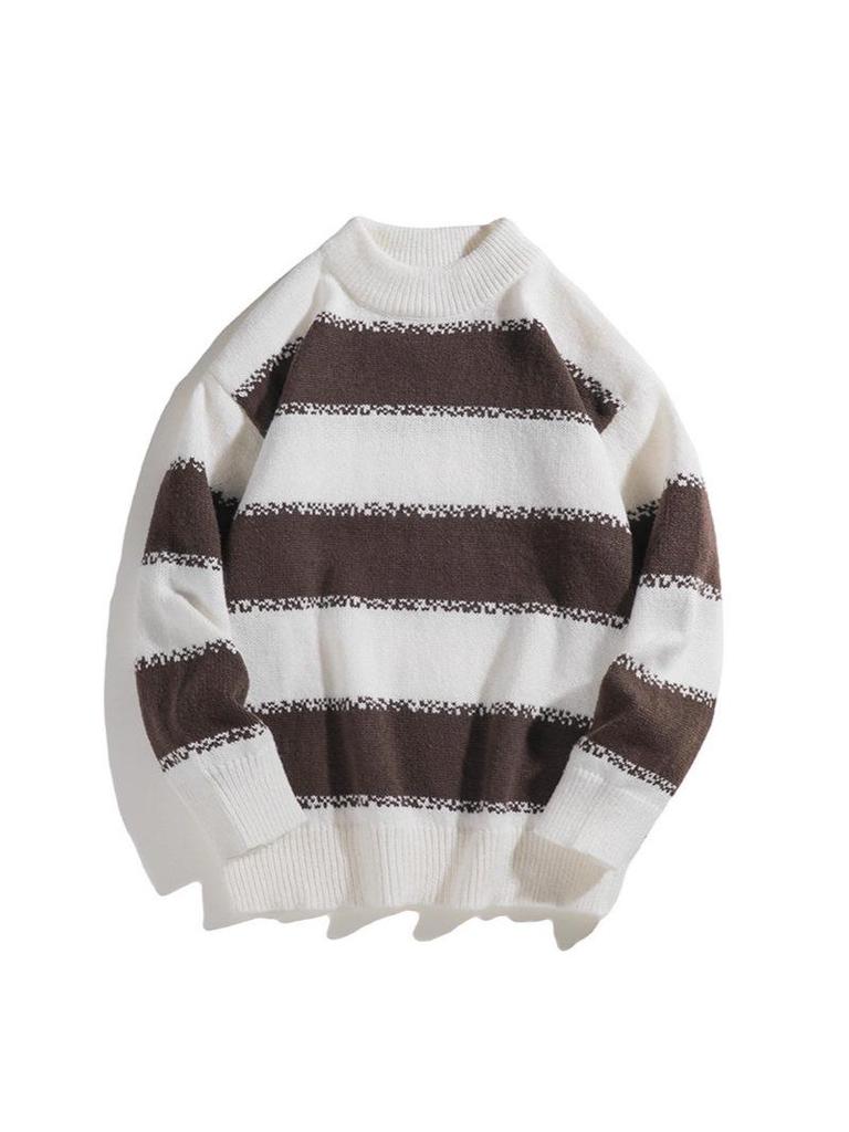 2025 Men's Japanese Casual Striped Knit Pullover - Autumn/Winter Loose Fit, Long Sleeve, Round Neck.