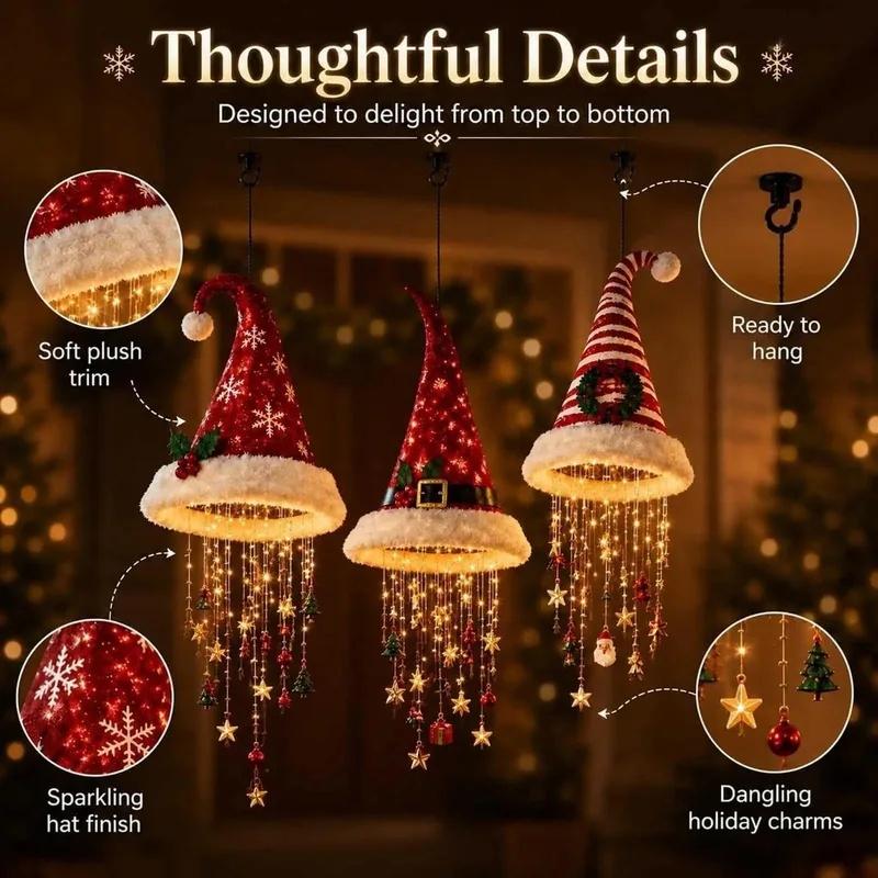 Christmas Hat Hanging Light,with Tassels Snowflake Glowing Santa Hat Lamp,Funny Warm Light Romantic Night Light Christmas Decor