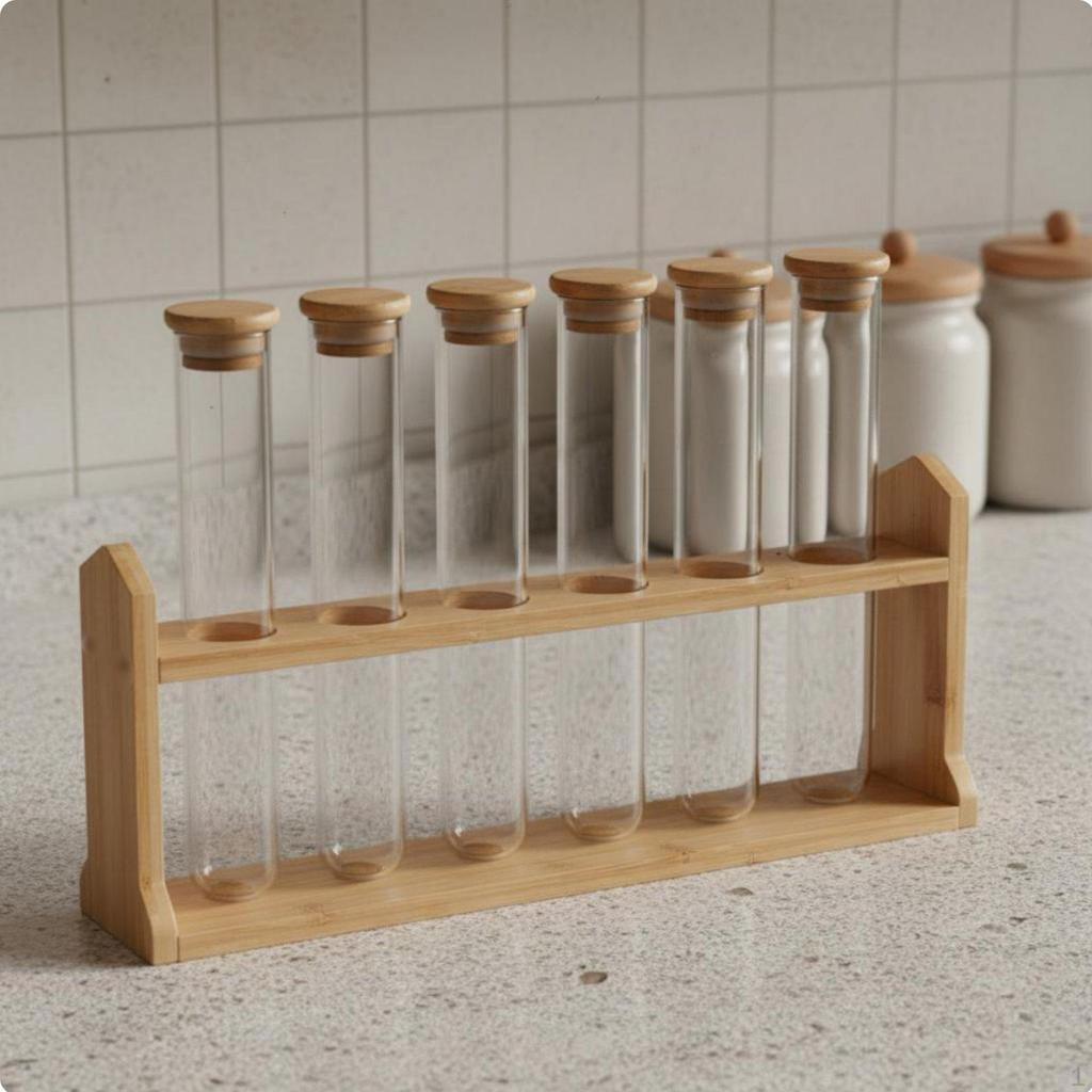 Glass Tube Container Set with Wooden Stand Clear View Design Rack Minimalist