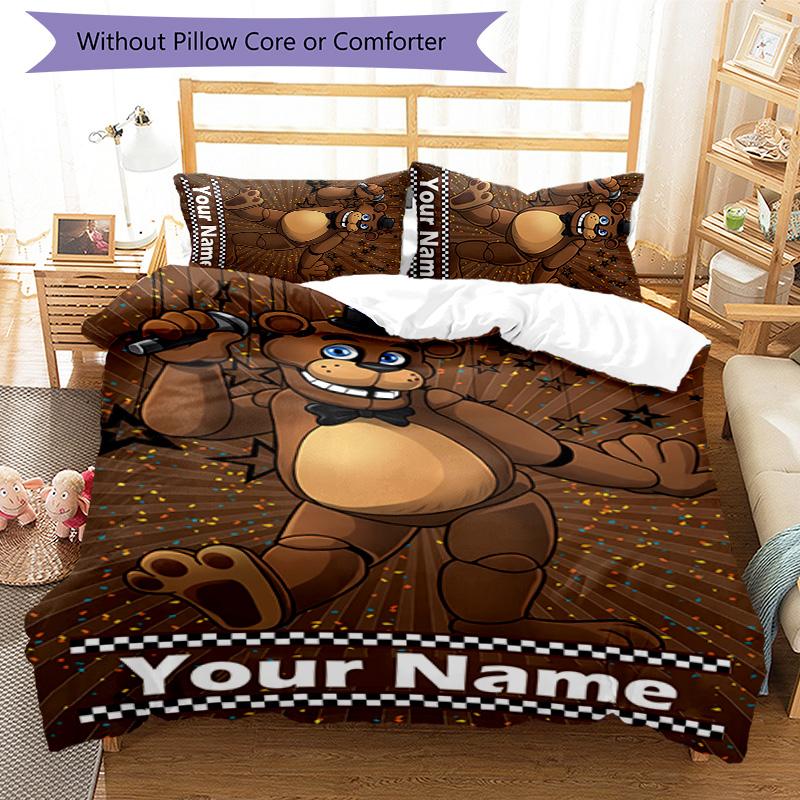 3pcs Freddy Bear1 Cover Set - Personalized Name, HD Printed Bedding with 1 Cover and 2 Pillowcases - Perfect for Home Decor, Easy Care