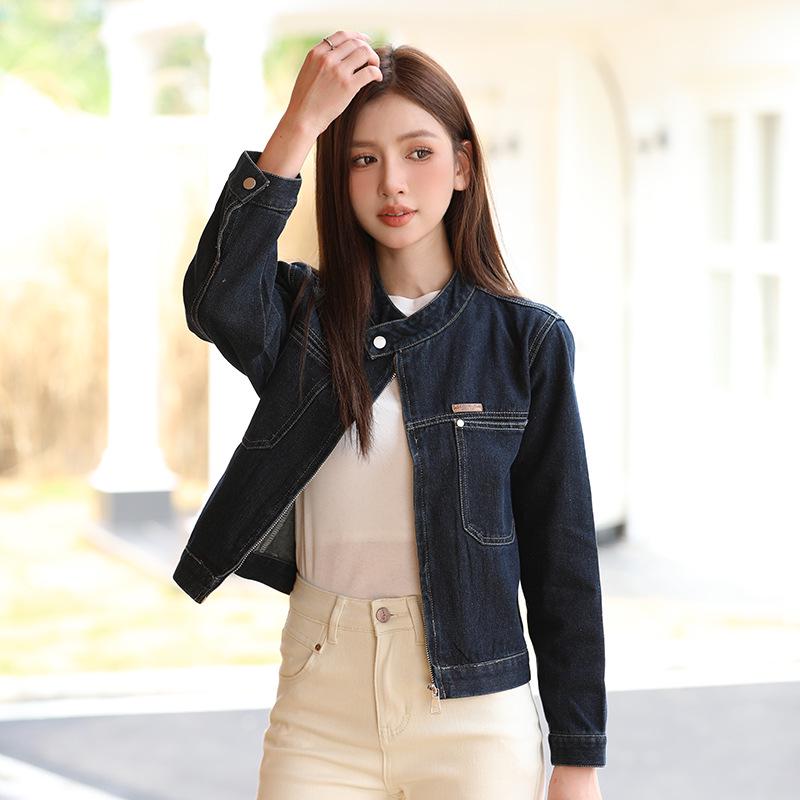 French-Style Distressed Stand Collar Zipper Motorcycle Denim Jacket