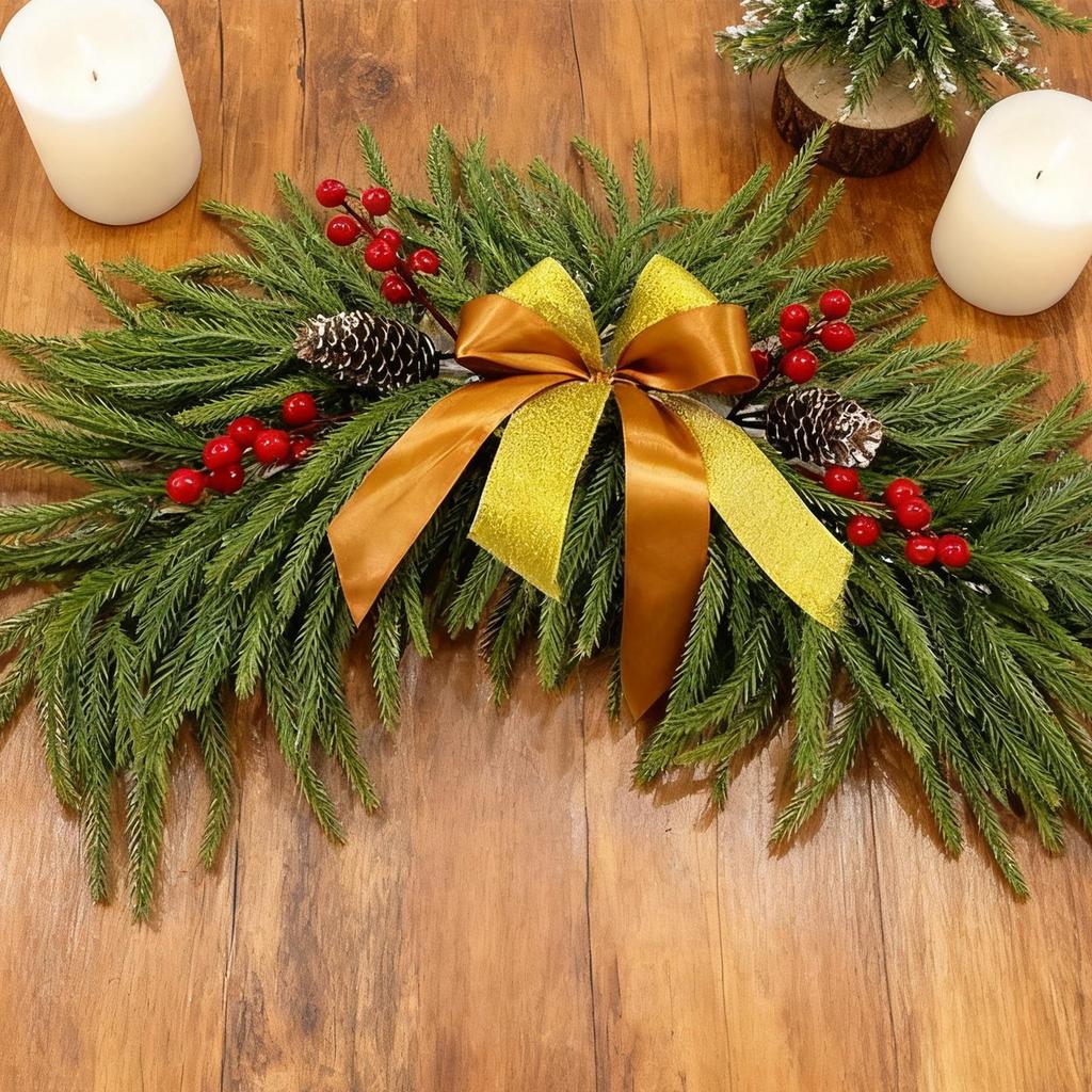 Christmas Mirror Wreath with Red Fruit and Pinecone Artificial Christmas Pine Branch Wreath Butterfly Knot Pine Wreath