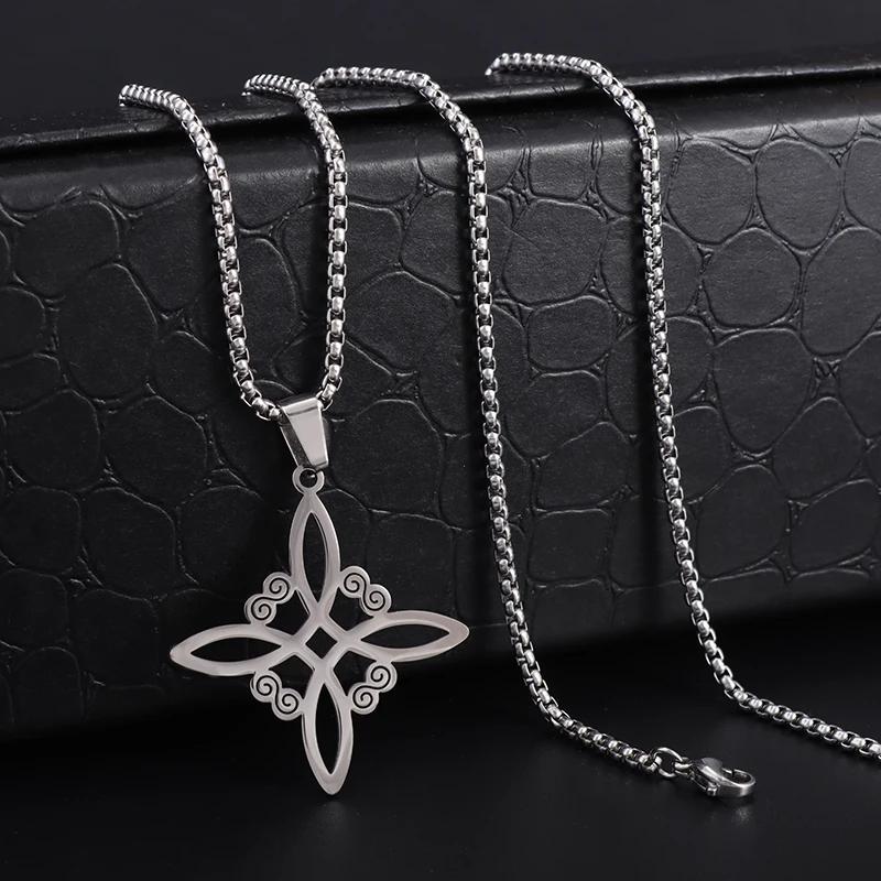 Silver Stainless Steel Witch Knot Pendant Necklace Celtic Knot Lucky Jewelry Christmas Gift for Friends Family