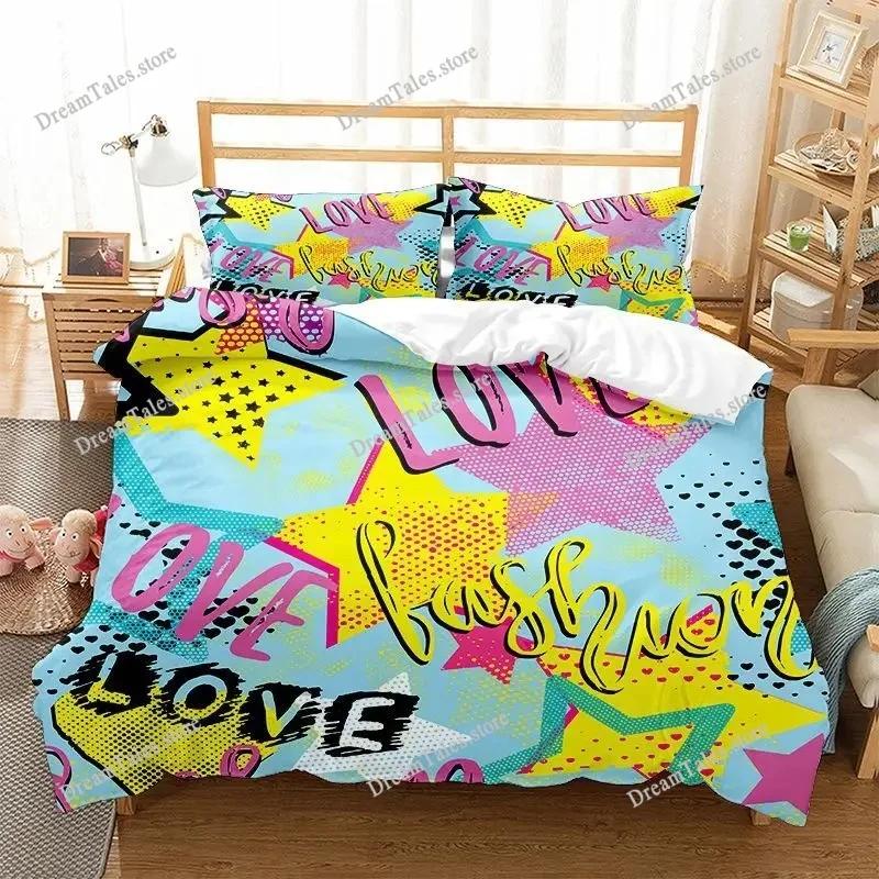 Graffiti Duvet Cover Set Cute Hip Hop Style Polyester Comforter Cover with Pillowcase Queen Full Size for Kid Teen Bedding Set