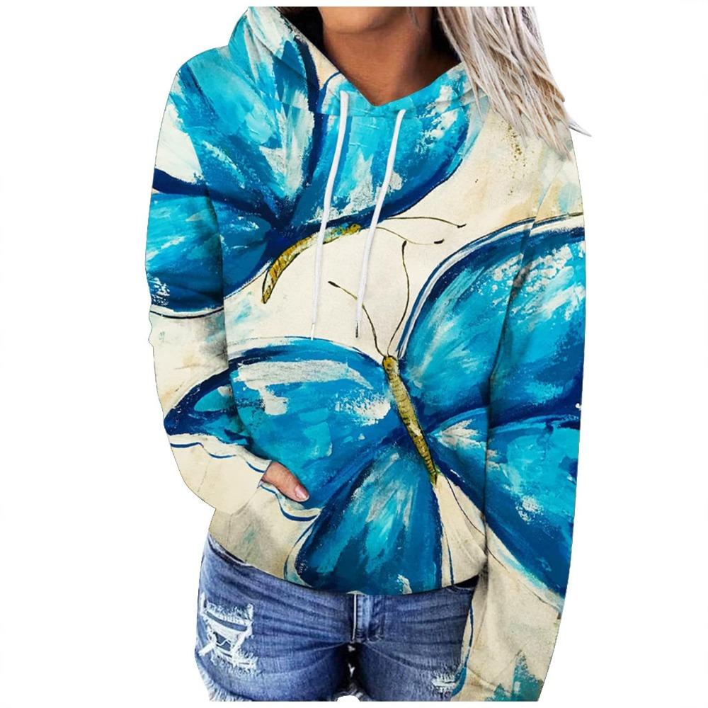 2025 Women's Tops Autumn and Winter Hoodies Ladies Loose Floral Butterfly Print 3d Print Fashion Casual Pullover Hoodies