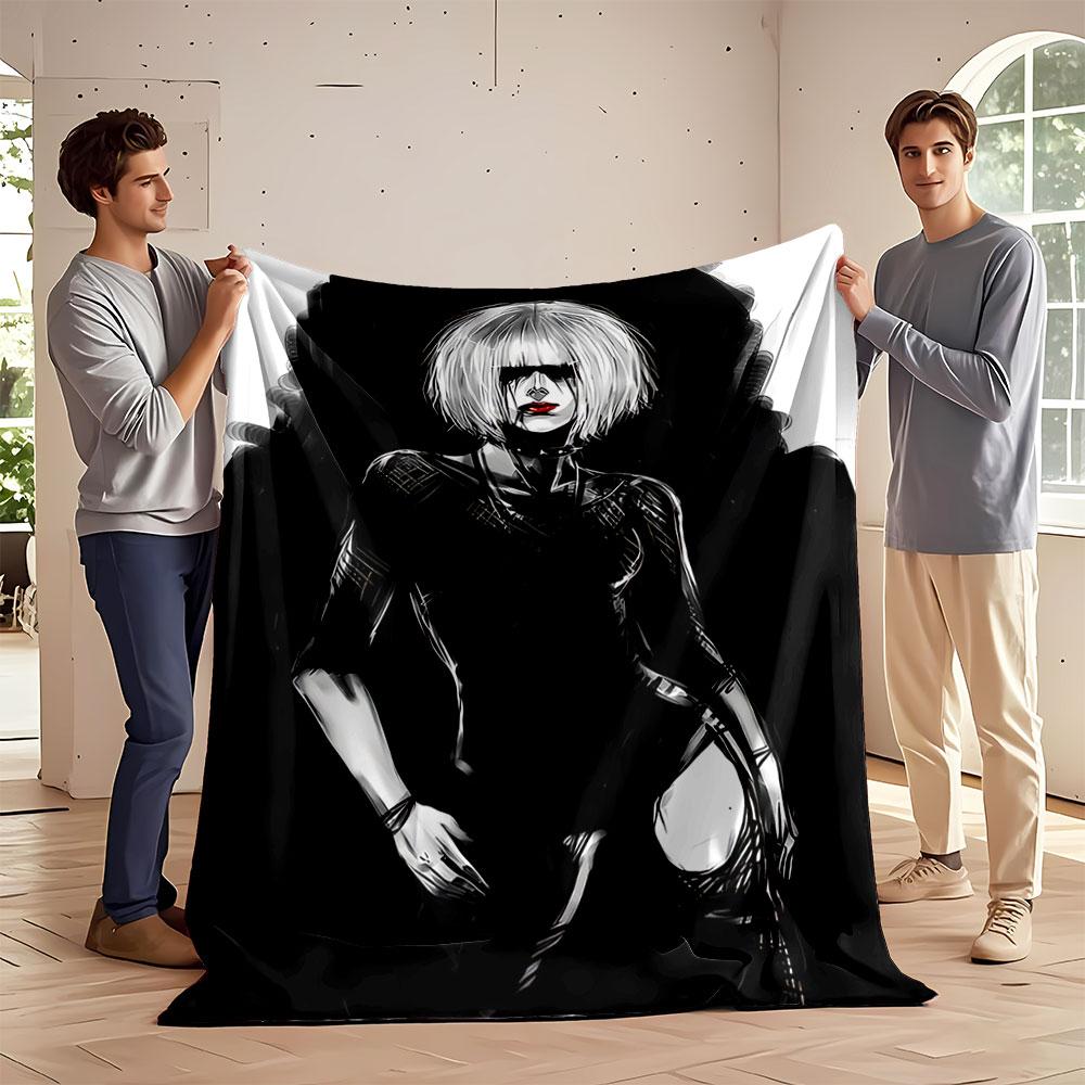 A Stylized Monochromatic Figure with White Hair, Red Lips, and Dark Attire. for All Seasons Blanket Lunch Break Throw Gift