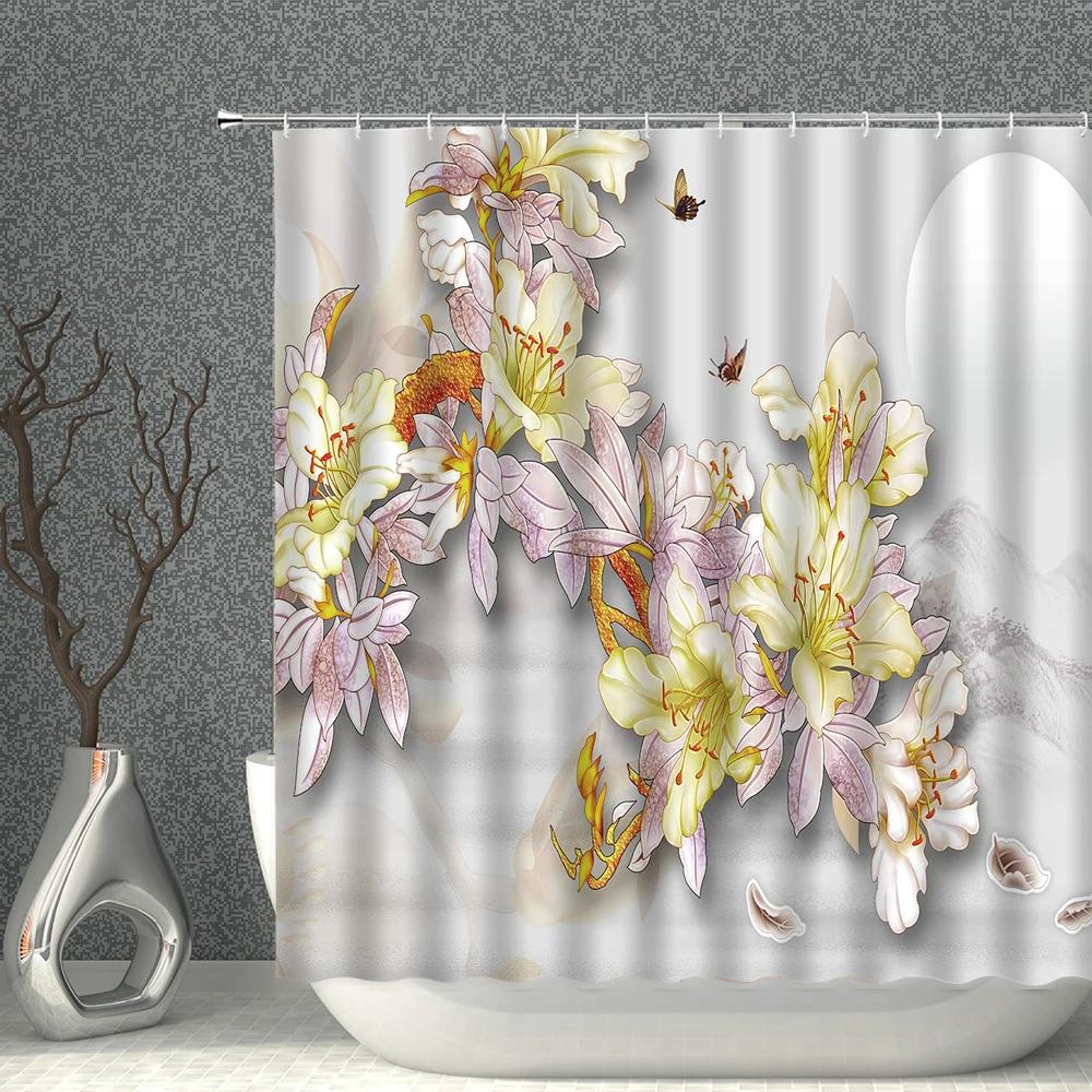 Impression 3D Fleur Réaliste Oiseau Poisson Paons Papillon Décoration de Maison Rideau de Douche Imperméable Rideaux de Fond Suspendus