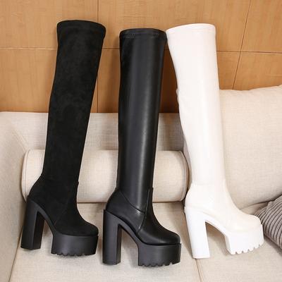 Damen Overknee Stiefel 15CM Hoher Absatz Wasserdichtes Stretchleder Oberschenkelhohe Stiefel Schwarz Weiß ZYW-831-11