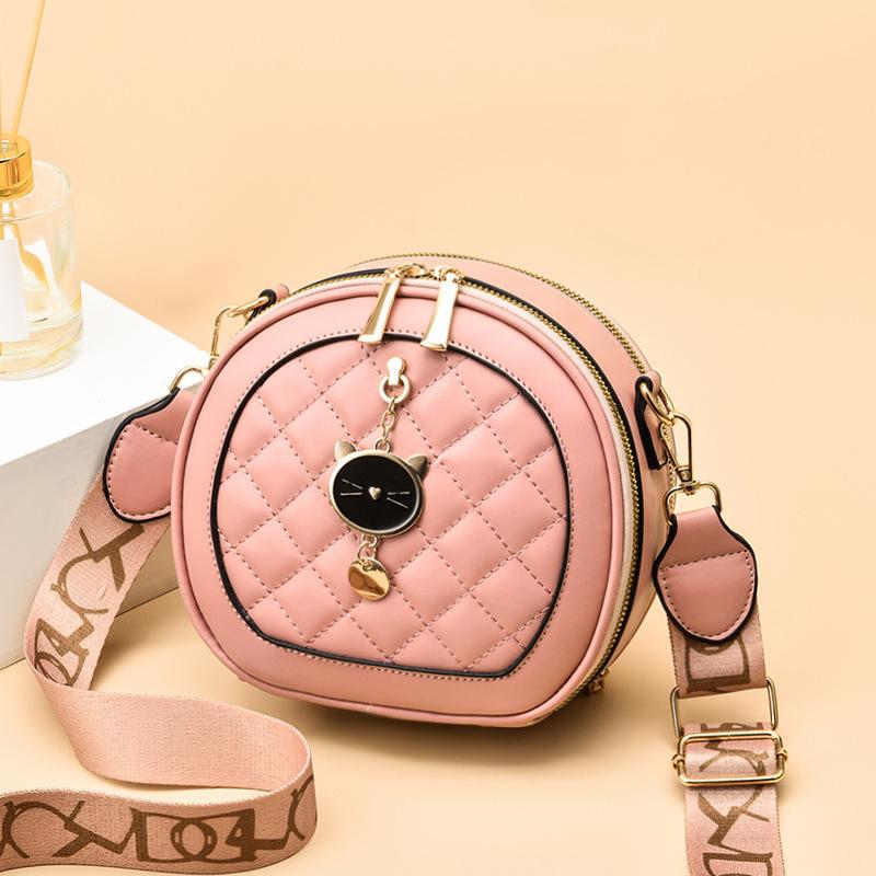 Women's bag small bag Women's foreign style shoulder bag Fashion wide shoulder strap Rhombus messenger small round bag