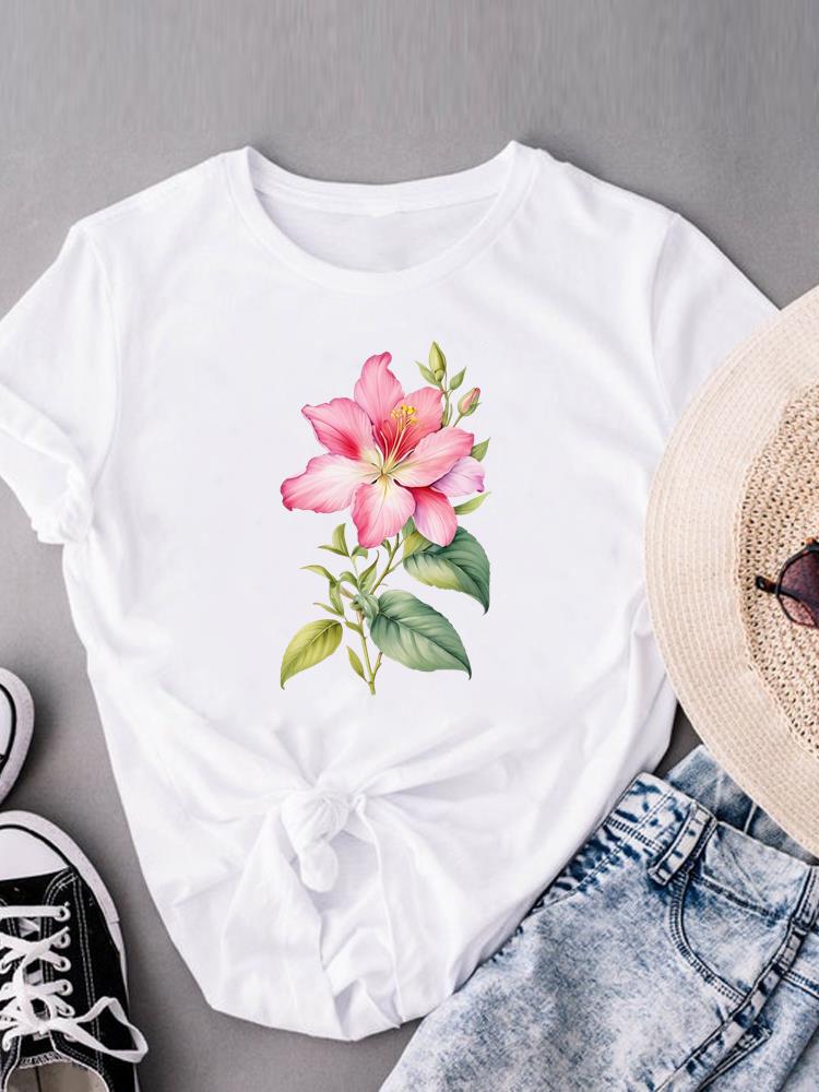 (Asian Size) flower sweet floral Women's Clothing Print Short Sleeve T-shirts Fashion Female Casual Top T O-neck Graphic Tee