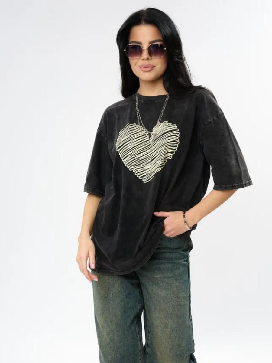 Vintage Sweet Print Retro Short Sleeve 100% Cotton T-Shirt XL промывают черный