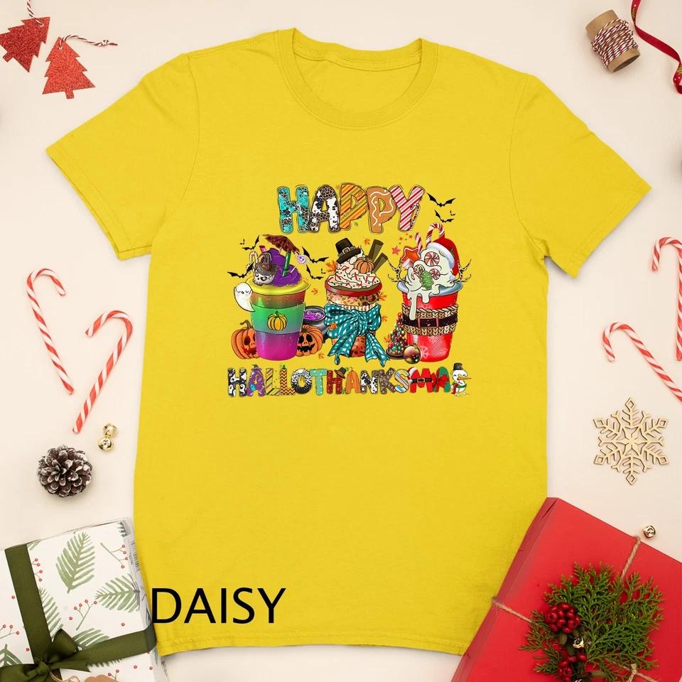 Coffee Halloween Thanksgiving Christmas Happy Hallothanksmas Unisex T-shirt 6 S