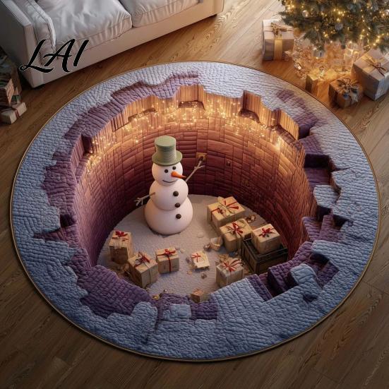 Living Room Holiday Carpet Christmas 3D Rug Illusion Area Round Decorative Optical Floor Mat Festive for Indoor Home Decoration Winter Seasonal Rug