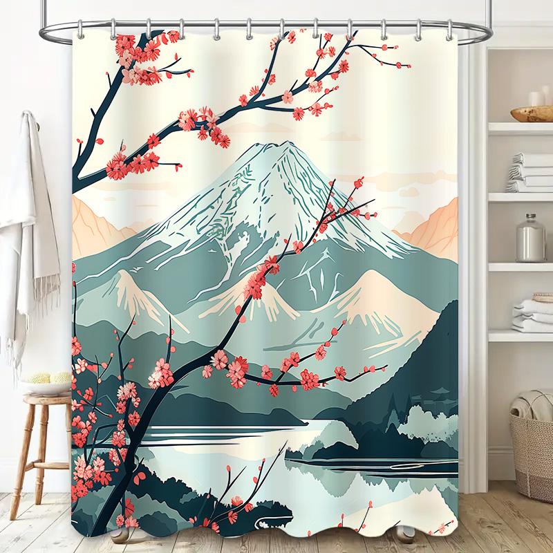 Elegant Japanese Style Shower Curtain With Mount Fuji And Cherry Blossoms - Waterproof And Durable Home Decor Essential