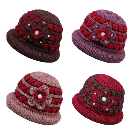 Winter Basin Hat Floral Design Soft Velvet Thermal Insulation Middle-Aged Elderly Women Knitting Hat Headwear